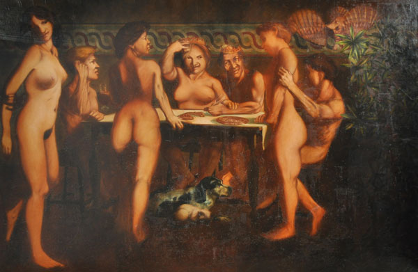 Des personnages nus autour d'une table fêtent l'épiphanie.