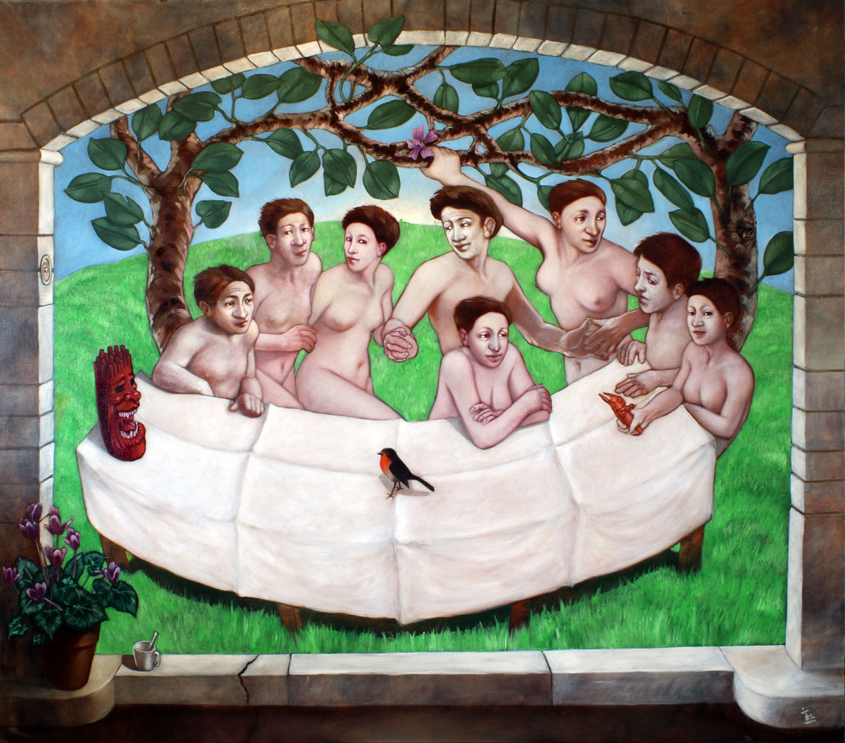 des personnages nus autour d'une table.