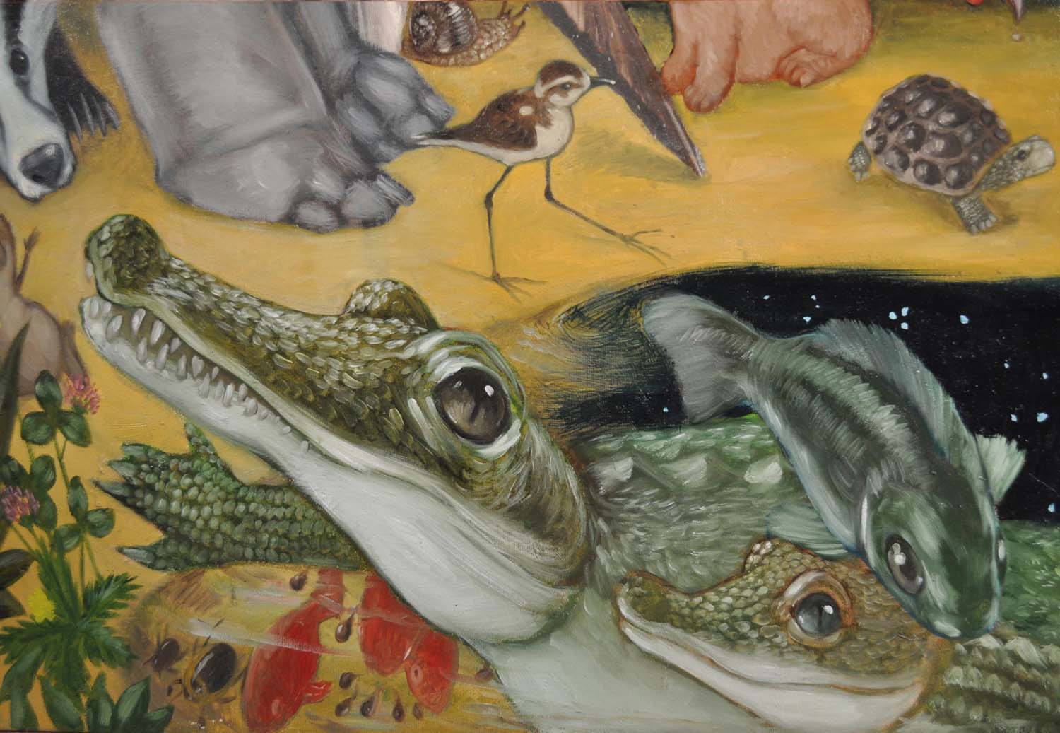 Détail des deux crocodiles, qui rampent hors de la mare faite d'un ciel de nuit étoilé. Deux taches vertes sautent par-dessus les crocodiles tandis qu'n dessous nagent dans le même sens des poissons rouges, des têtards et deux dytiques. Sur la berge, au-dessus des étoiles, pousse du trêfle violet, marchent l'échassier et la tortue. Sous les poteaux des pattes de l'hippopotame se cache le blaireau.