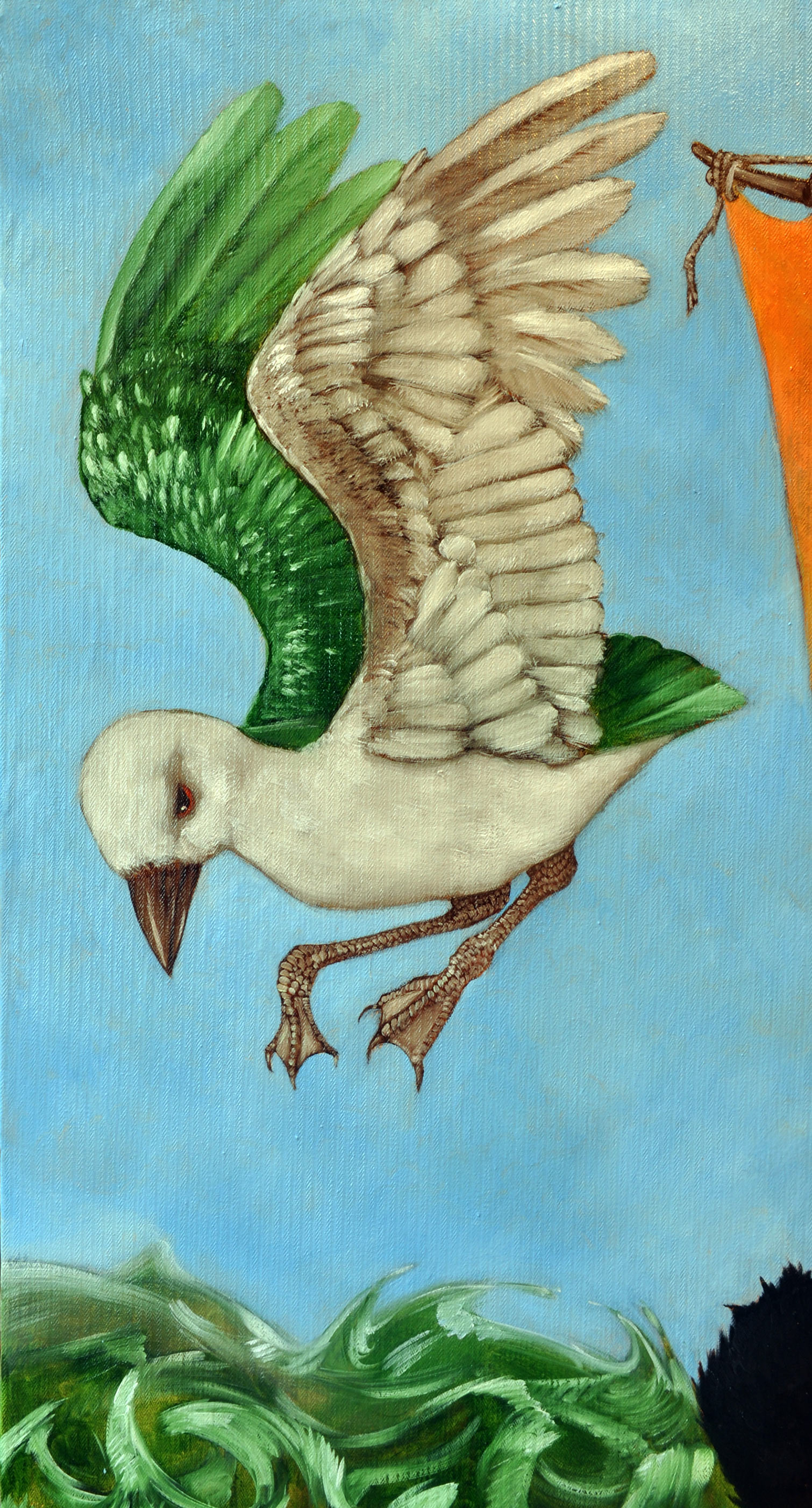 La mouette dans le ciel. Seuls le dos de ses ailes est vert, le reste est blanc, fait de touches grasses.