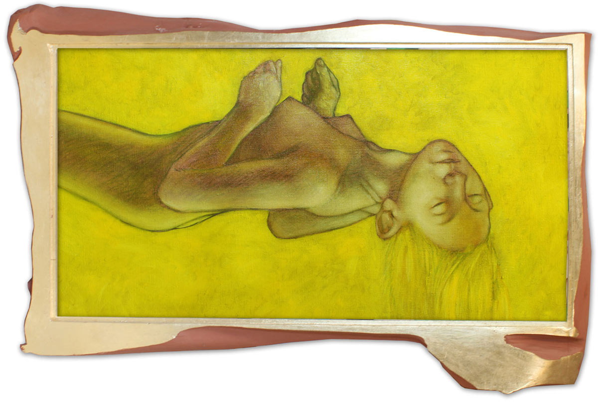 Tout en jaune, le fond et une femme renversée, flottant dans l'espace, les yeux fermés.