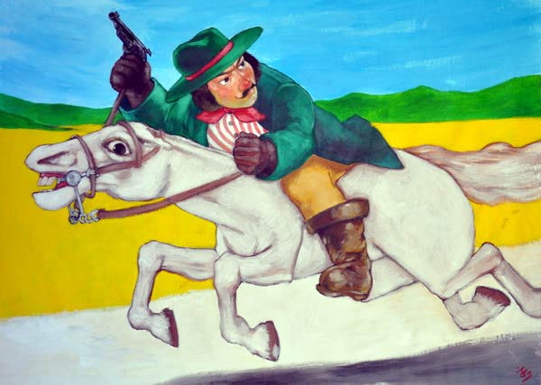 Sur un paysage élémentaire, chemin blanc qui traverse la toile devant un champ jaune vif limité à l'horizon par une barrière de monts verts et un ciel bleu sans nuages mais avec des traînées de pinceaux plus ou moins claires, un cavalier est au galop sur un cheval blanc. Le cavalier, rougeaud, nez très rouge, moustache en guidon de vélo et favoris noirs ; il a l'air anxieux et en colère et regarde derrière lui, tenant d'une main un rène et de l'aute un rène et un vieux pistolet brandit vers le ciel. Il porte une redingote verte, un chapeau vert à large bord et ruban rouge, une chemise rayée blanc et rose et un foulard rouge autour du cou. De vieilles bottes brunâtres montent sur un pantalon beige. Le cheval, blanc, est une vieille rosse efflanquée, trop petit pour on cavalier. Il est au grand galop, les quatres sabots au-dessus du sol et ne porte qu'un  harnais, pas de selle. Le cheval est entraîné par son cavalier dans une fuite vers la gauche du tableau, hors d'haleine, la bouche ouverte sur des dents jaunes proéminentes. Il a l'oeil écarquillé, plus effrayé encore que le cavalier.