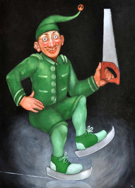 Un lutin chaussé de patins à glace, vêtu d'un costume vert et d'un bonnet à grelot.