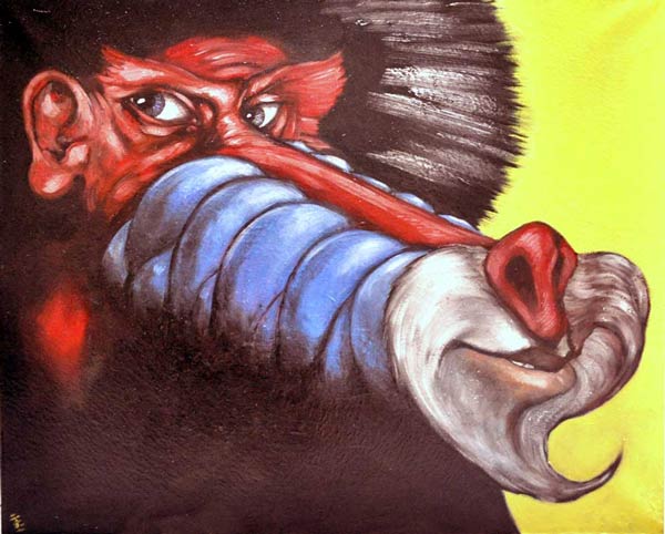 tête de mandrill, air goguenard.