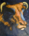 tête de vache bleue et jaune