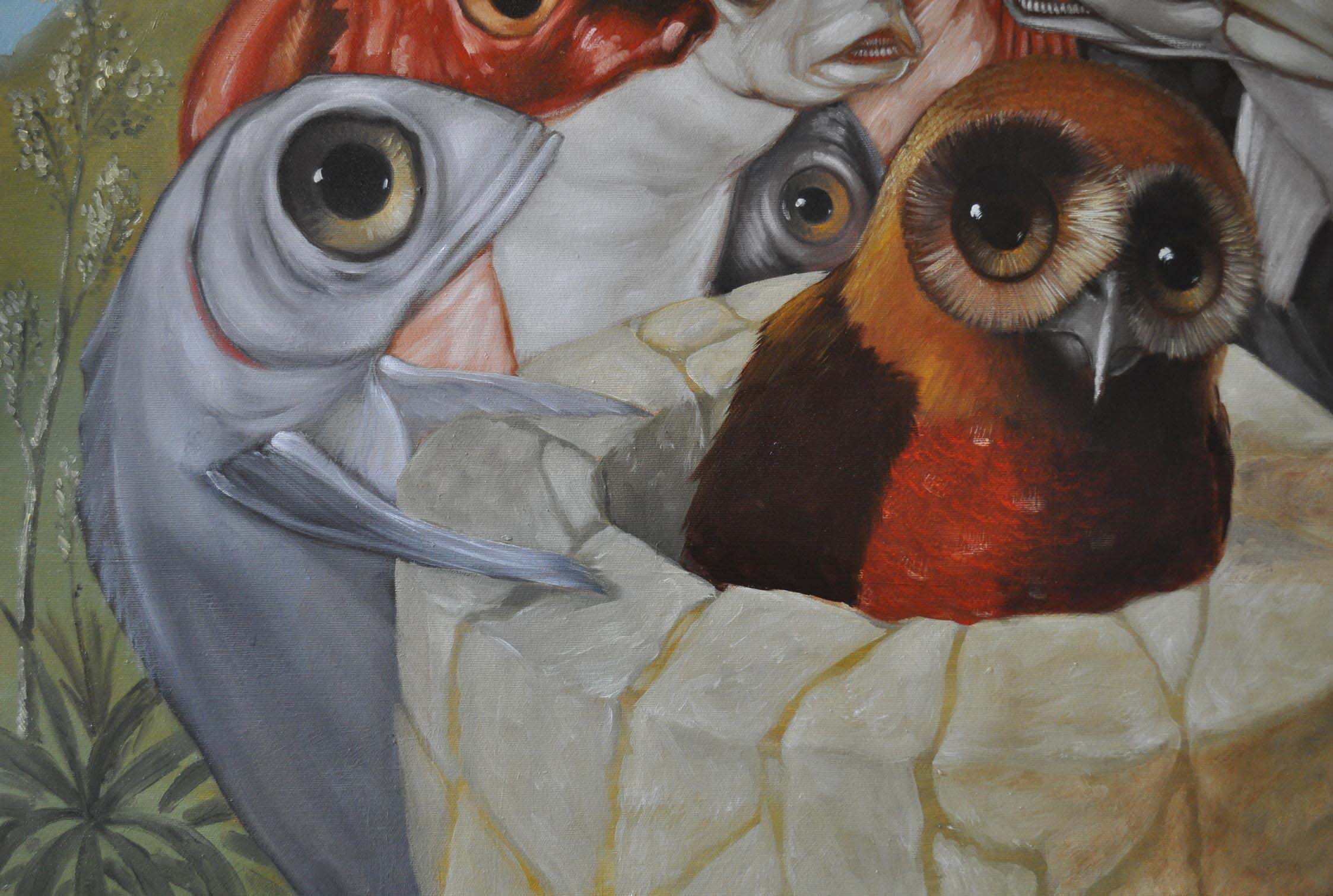 Détail de la cohouette avec un poisson à gauche qui la regarde. Il est gris, pose ses nageoires sur la margelle. Ses ouïes font un filet rouge dans le gris de sa peau.
