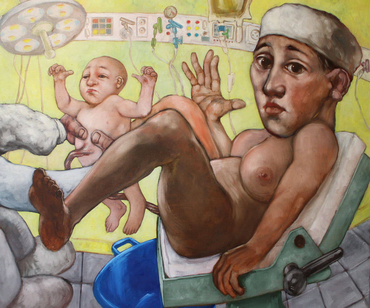 Détail. La femme. On voit bien que le cordon ombilical sort d'entre ses cuisses.